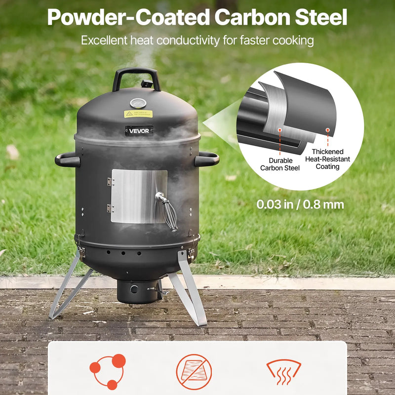 VEVOR vertikālais ogļu kūpinātājs 406 mm, tērauda BBQ kūpinātājs ar pārklājumu, 2 grilēšanas restēm, termometru, gaisa ventilācijas atverēm un noņemamu pelnu paplāti pagalma un terases gatavošanai