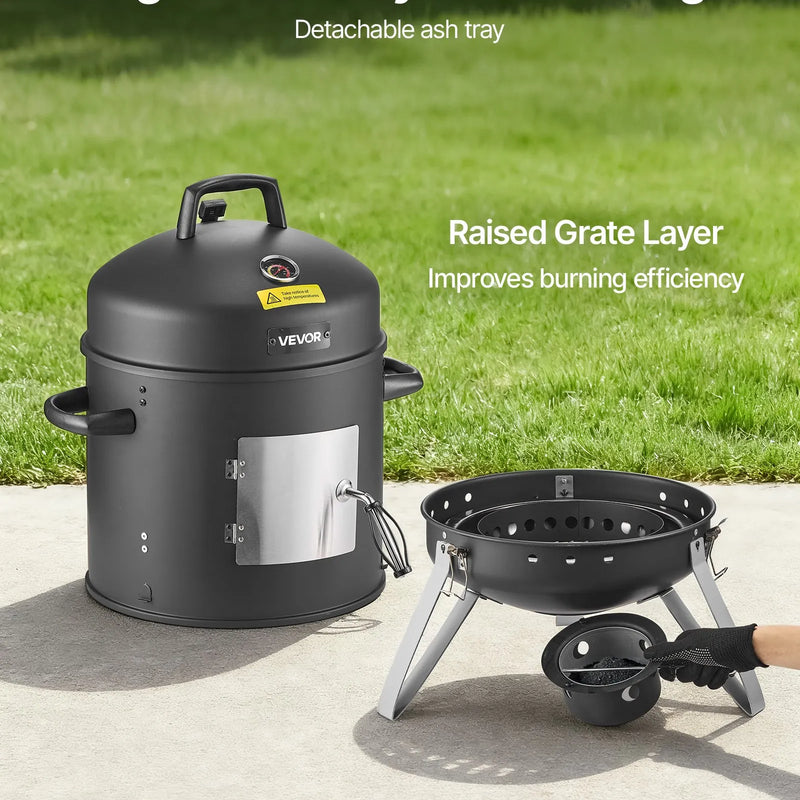 VEVOR vertikālais ogļu kūpinātājs 406 mm, tērauda BBQ kūpinātājs ar pārklājumu, 2 grilēšanas restēm, termometru, gaisa ventilācijas atverēm un noņemamu pelnu paplāti pagalma un terases gatavošanai