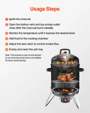 VEVOR vertikālais ogļu kūpinātājs 406 mm, tērauda BBQ kūpinātājs ar pārklājumu, 2 grilēšanas restēm, termometru, gaisa ventilācijas atverēm un noņemamu pelnu paplāti pagalma un terases gatavošanai