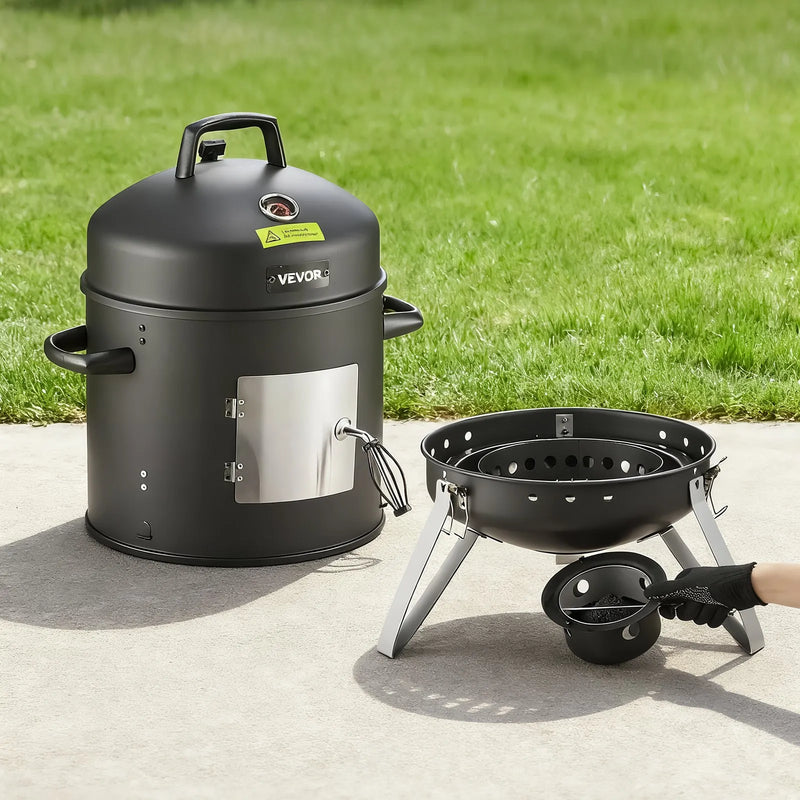 VEVOR vertikālais ogļu kūpinātājs 406 mm, tērauda BBQ kūpinātājs ar pārklājumu, 2 grilēšanas restēm, termometru, gaisa ventilācijas atverēm un noņemamu pelnu paplāti pagalma un terases gatavošanai