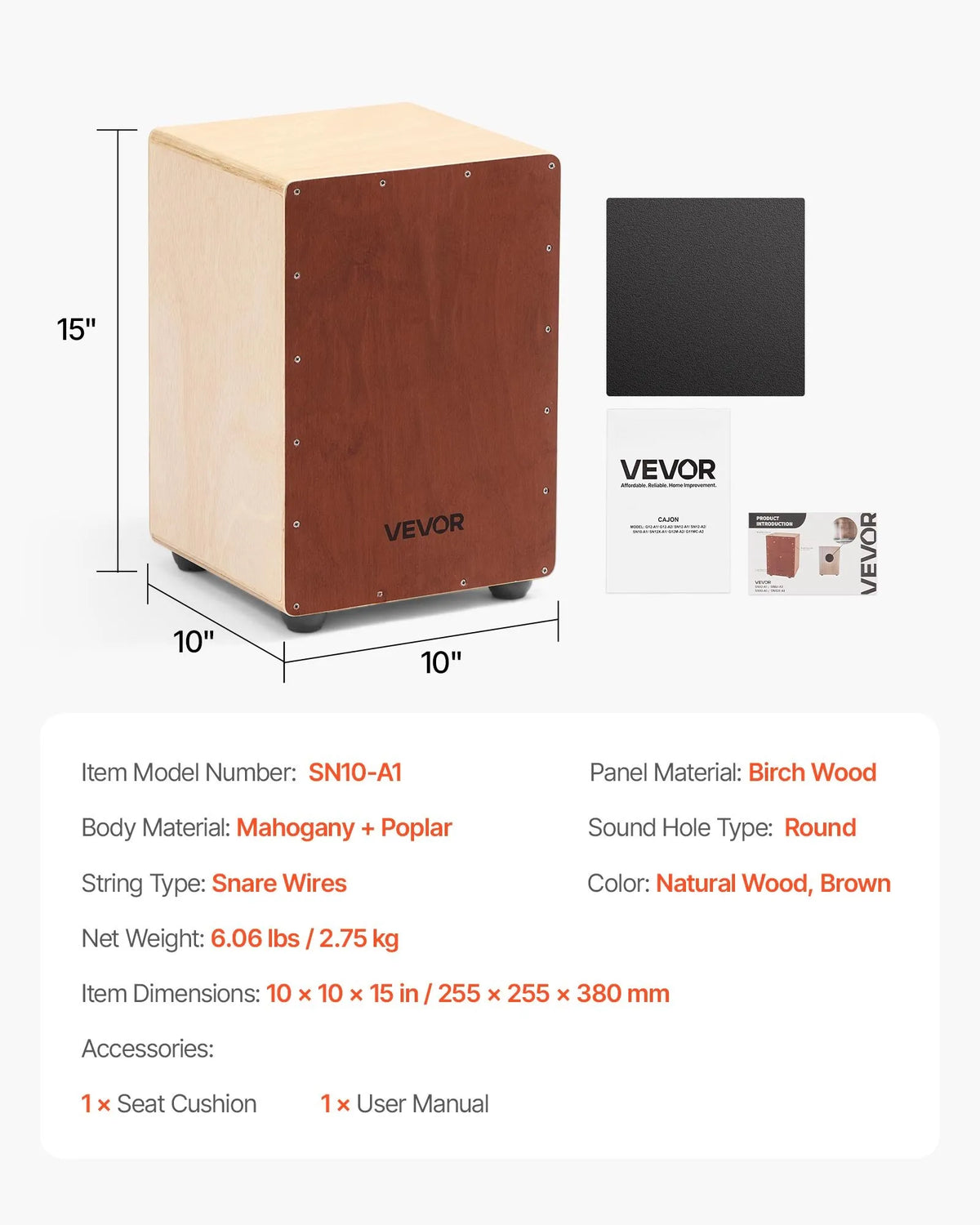 VEVOR perkusiju kājons ar iekšējo striķu sistēmu un silikona kājiņām, bērza koka modelis, 255 × 255 × 380 mm