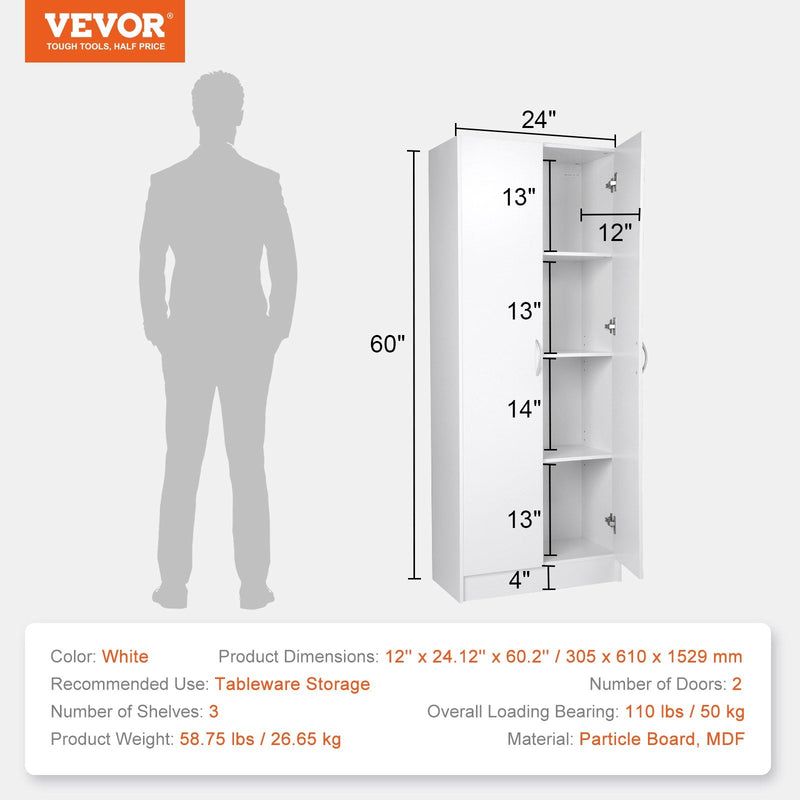 VEVOR virtuves skapītis, 152 cm, 50 kg, brīvi stāvošs, 3 plaukti (2 regulējami), inženieru koks