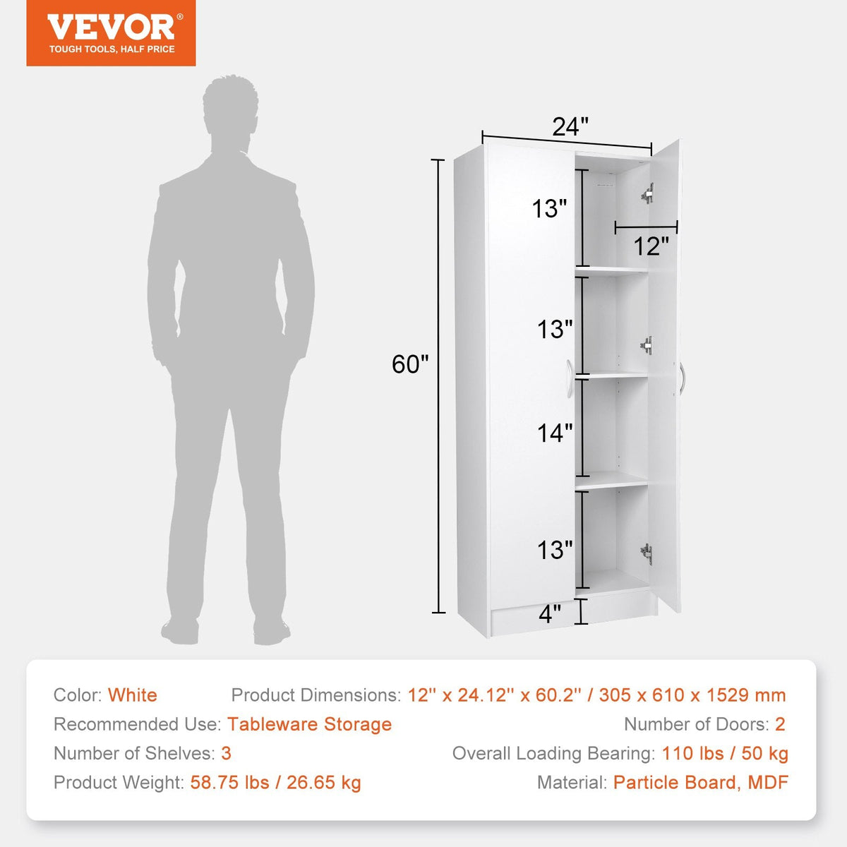 VEVOR virtuves skapītis, 152 cm, 50 kg, brīvi stāvošs, 3 plaukti (2 regulējami), inženieru koks