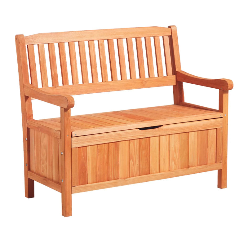 Āra koka sols ar glabātuvi 125 l, paredzēts 2 personām, ar sānu rokturi, iztur līdz 320 kg, laikapstākļu izturīgs, piemērots terasei, dārzam, balkonam un pagalmam