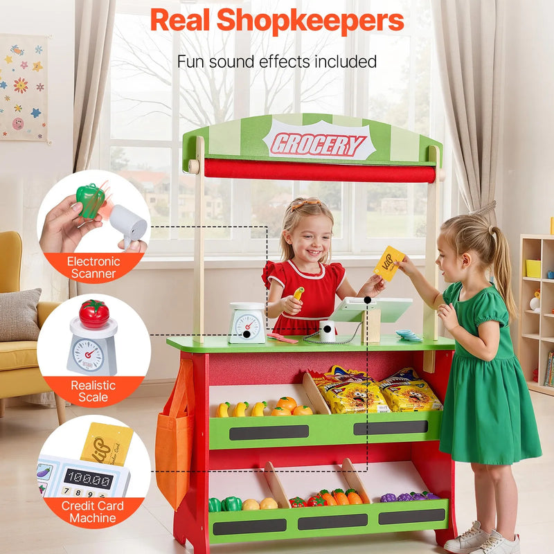 VEVOR koka leļļu teātris ar aizkariem, 2-in-1 apgriežams rotaļu veikals, divpusējs pārtikas veikala rotaļu komplekts ar tāfeli un kases aparātu, bērnu lomu spēļu tirgus stends, dāvana zēniem un meitenēm