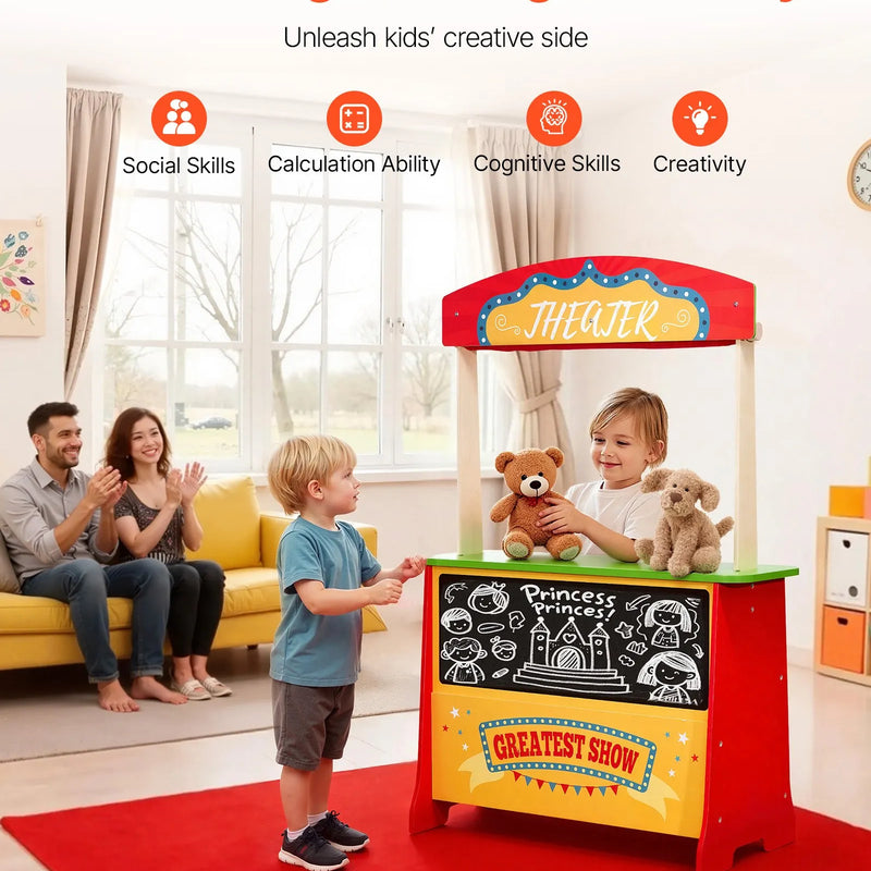 VEVOR koka leļļu teātris ar aizkariem, 2-in-1 apgriežams rotaļu veikals, divpusējs pārtikas veikala rotaļu komplekts ar tāfeli un kases aparātu, bērnu lomu spēļu tirgus stends, dāvana zēniem un meitenēm