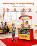 VEVOR koka leļļu teātris ar aizkariem, 2-in-1 apgriežams rotaļu veikals, divpusējs pārtikas veikala rotaļu komplekts ar tāfeli un kases aparātu, bērnu lomu spēļu tirgus stends, dāvana zēniem un meitenēm