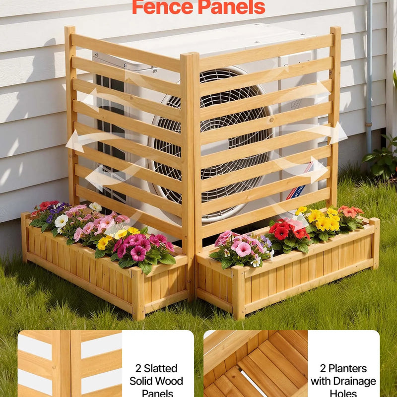 VEVOR koka privātuma žogs 914 × 1143 mm, 2 līstu paneļu masīvkoka āra aizslietnis ar 2 puķu kastēm un metāla mietiem, piemērots gaisa kondicioniera, atkritumu konteineru un dārza zonas norobežošanai pie baseina