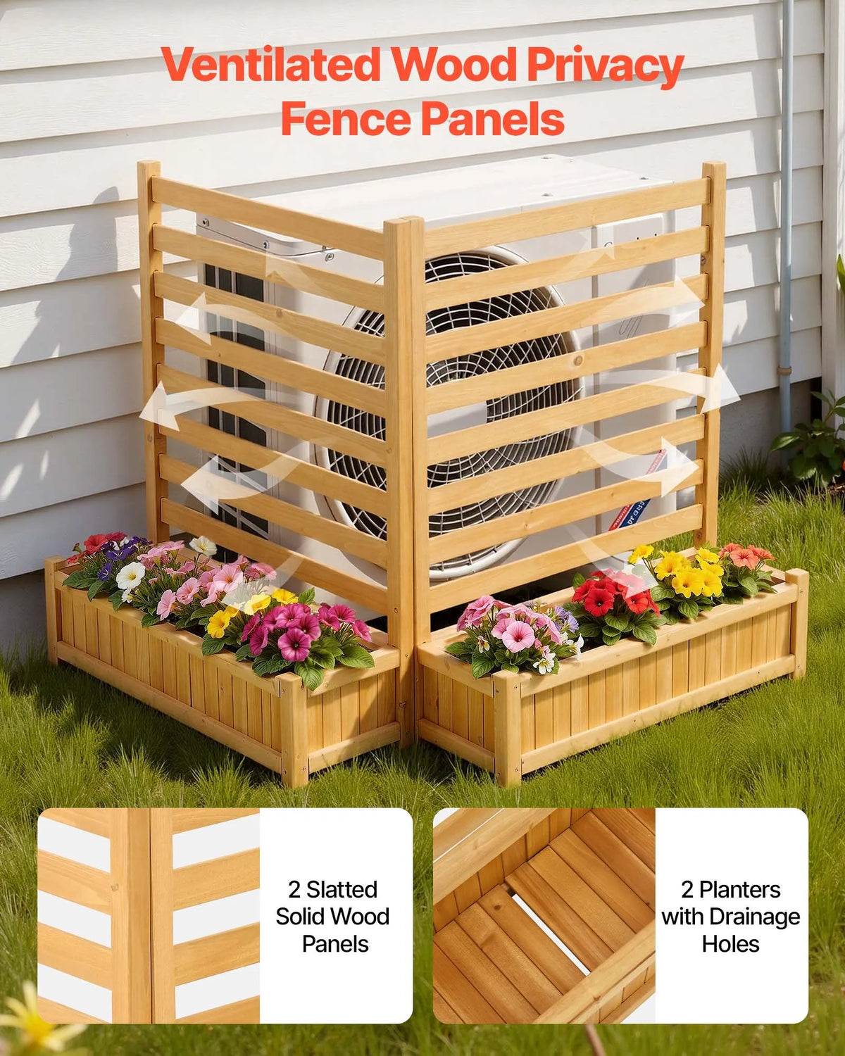 VEVOR koka privātuma žogs 914 × 1143 mm, 2 līstu paneļu masīvkoka āra aizslietnis ar 2 puķu kastēm un metāla mietiem, piemērots gaisa kondicioniera, atkritumu konteineru un dārza zonas norobežošanai pie baseina