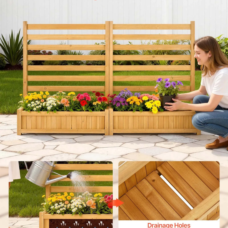 VEVOR koka privātuma žogs 914 × 1143 mm, 2 līstu paneļu masīvkoka āra aizslietnis ar 2 puķu kastēm un metāla mietiem, piemērots gaisa kondicioniera, atkritumu konteineru un dārza zonas norobežošanai pie baseina