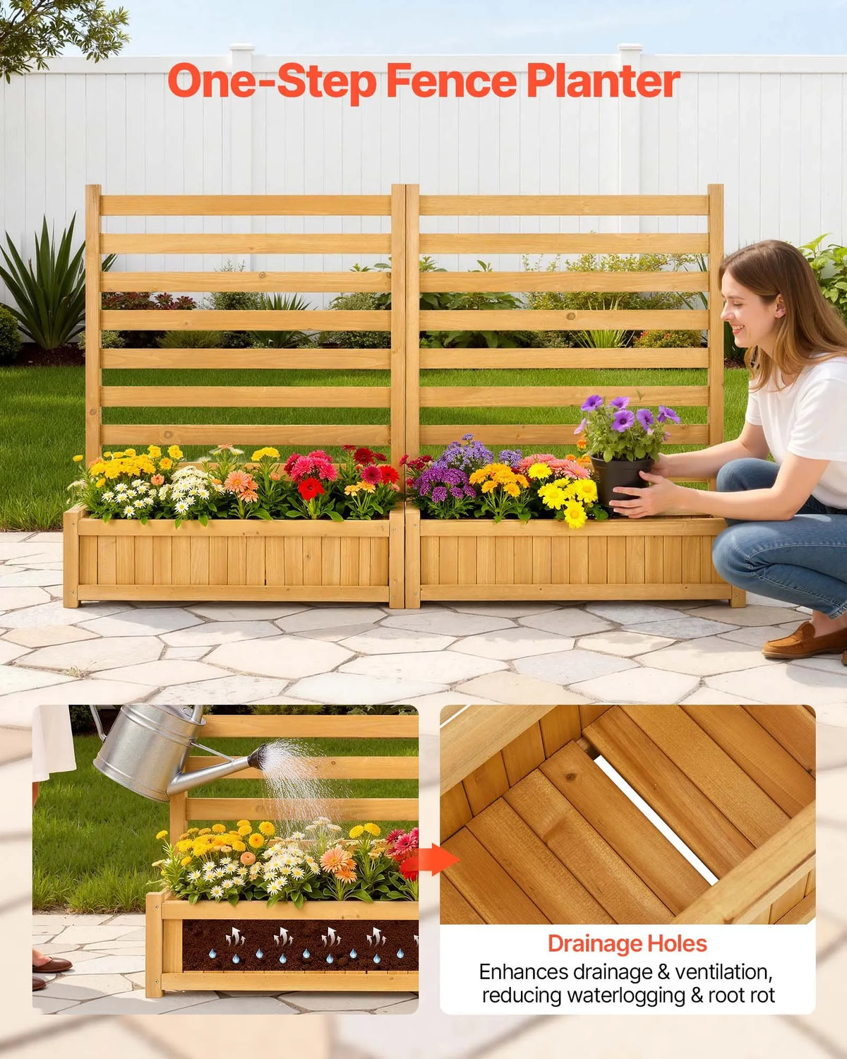 VEVOR koka privātuma žogs 914 × 1143 mm, 2 līstu paneļu masīvkoka āra aizslietnis ar 2 puķu kastēm un metāla mietiem, piemērots gaisa kondicioniera, atkritumu konteineru un dārza zonas norobežošanai pie baseina