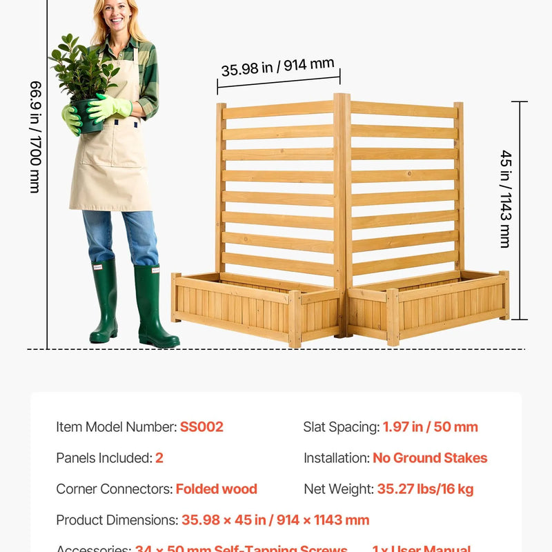 VEVOR koka privātuma žogs 914 × 1143 mm, 2 līstu paneļu masīvkoka āra aizslietnis ar 2 puķu kastēm un metāla mietiem, piemērots gaisa kondicioniera, atkritumu konteineru un dārza zonas norobežošanai pie baseina