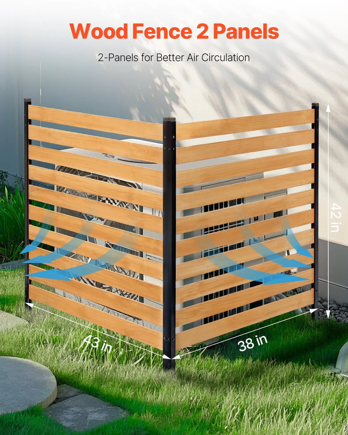 VEVOR koka privātuma žogs, 965 × 1067 mm, 2 paneļu lamelēts gaisa kondicioniera aizsegs ar metāla mietiņiem, vienkārša DIY uzstādīšana, āra atkritumu tvertnes slēpnis dārza dekorēšanai
