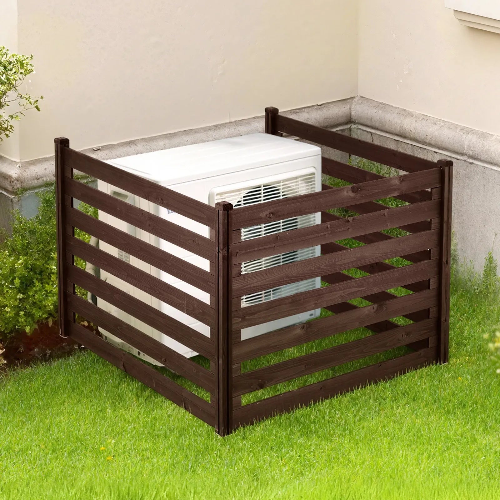 VEVOR koka privātuma žogs 1230 × 945 mm, 3 paneļu masīvkoka āra aizslietnis ar metāla mietiem un tērauda rāmi, piemērots gaisa kondicioniera, atkritumu konteineru un dārza zonas norobežošanai pie baseina