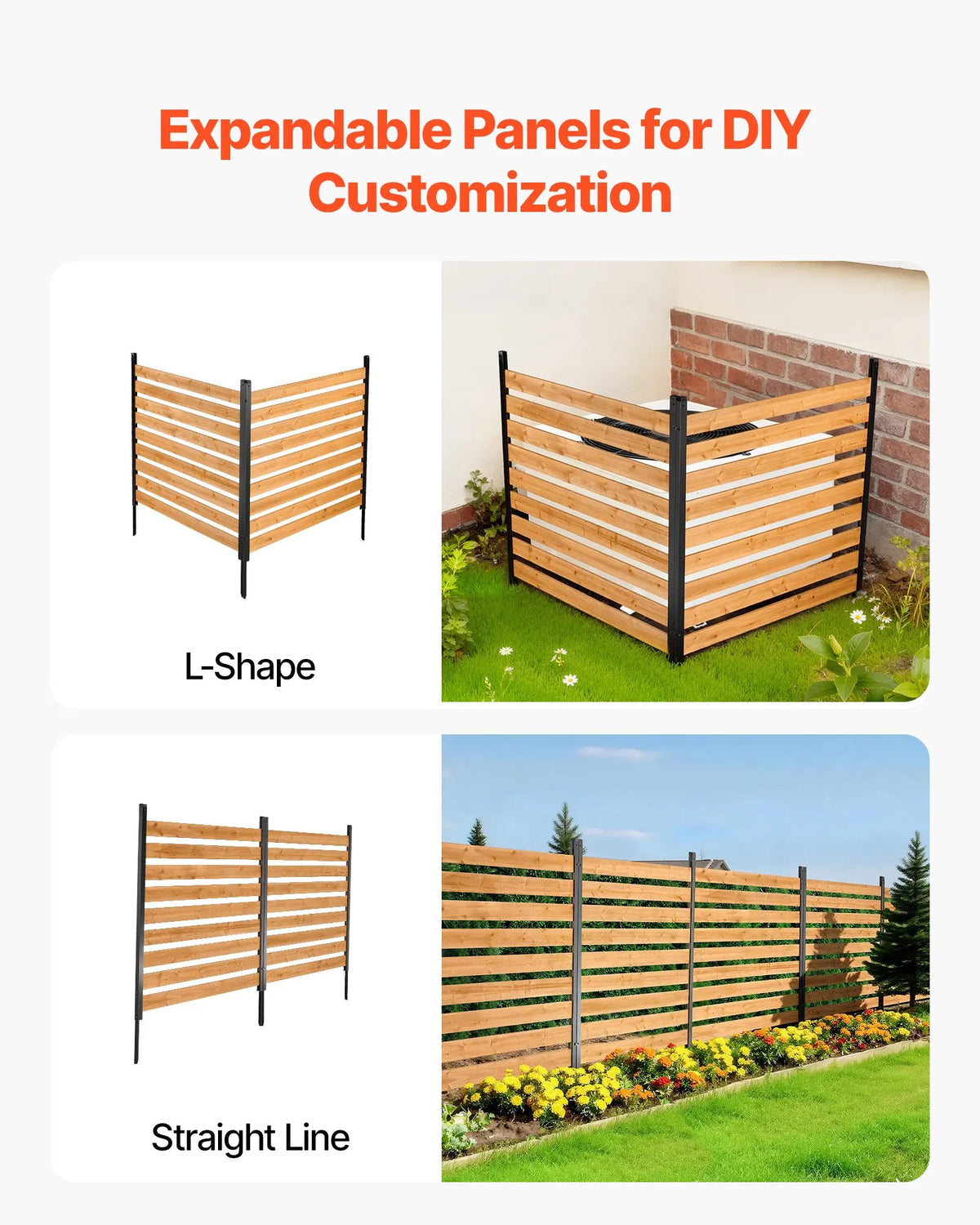 VEVOR koka privātuma žogs 1219 × 1244 × 1219 mm, 2 paneļu āra koka aizslietnis ar metāla mietiem un tērauda rāmi, piemērots kondicionieriem, atkritumu konteineriem, dārzam un baseinam