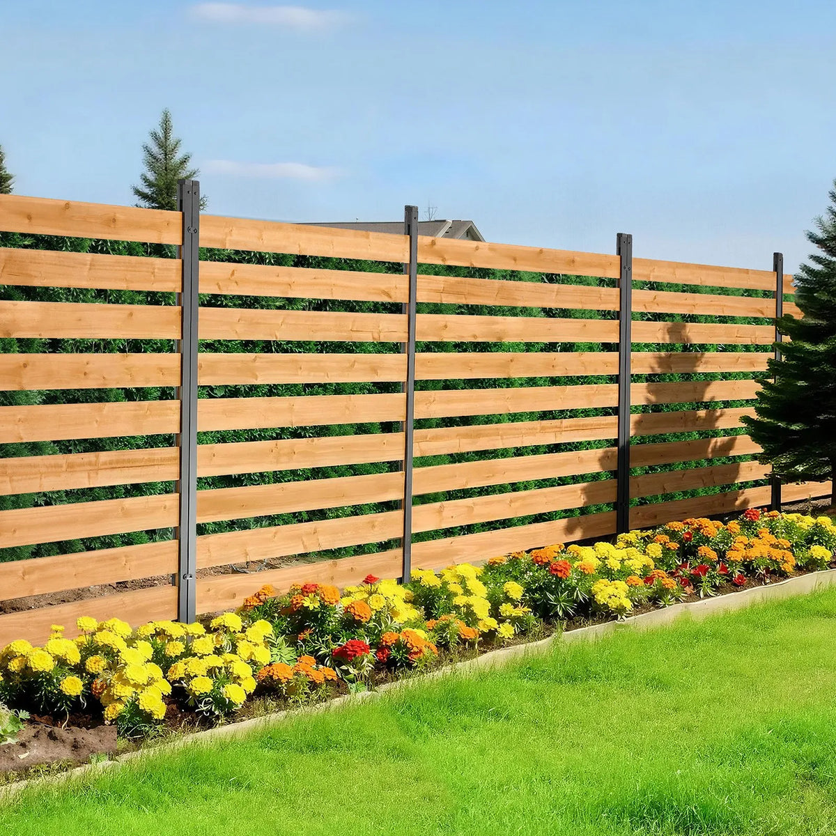 VEVOR koka privātuma žogs 1219 × 1244 × 1219 mm, 2 paneļu āra koka aizslietnis ar metāla mietiem un tērauda rāmi, piemērots kondicionieriem, atkritumu konteineriem, dārzam un baseinam