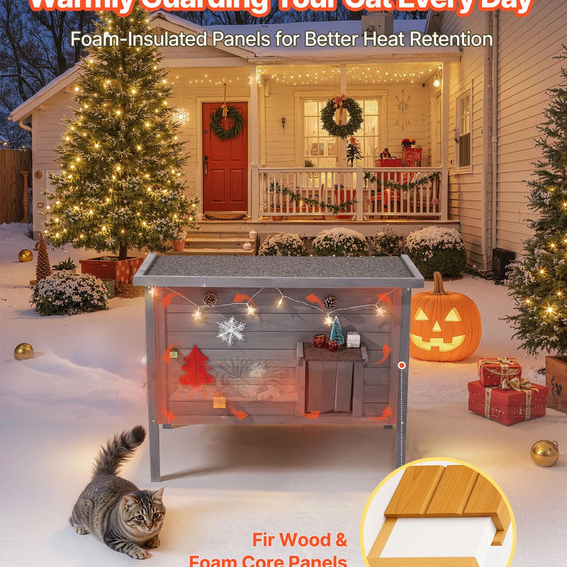 VEVOR soojendusega kassimaja, isoleeritud puidust maja väliskassidele, veekindel varjualune koos soojenduspadjaga, PVC uksekardinaga ja avatava bituumenkattega, 87 x 53,5 x 69 cm, sobib talvel 1-3 kassile