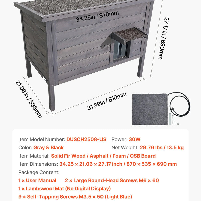 VEVOR soojendusega kassimaja, isoleeritud puidust maja väliskassidele, veekindel varjualune koos soojenduspadjaga, PVC uksekardinaga ja avatava bituumenkattega, 87 x 53,5 x 69 cm, sobib talvel 1-3 kassile