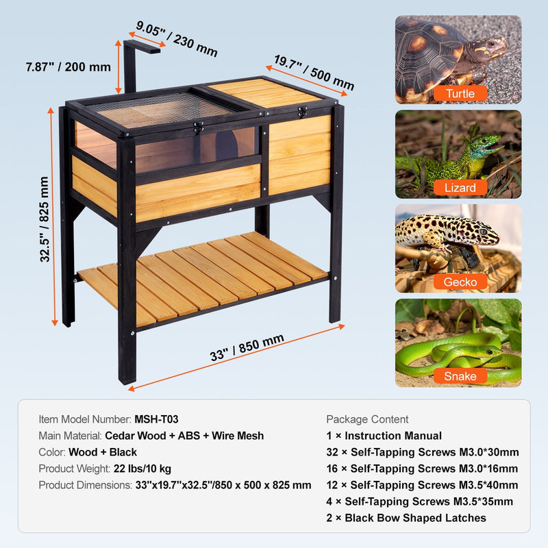 VEVOR koka bruņurupuča māja, 965 × 610 × 330 mm, 2 istabas, piemērota bruņurupučiem, ķirzakām, čūskām un citiem maziem rāpuļiem