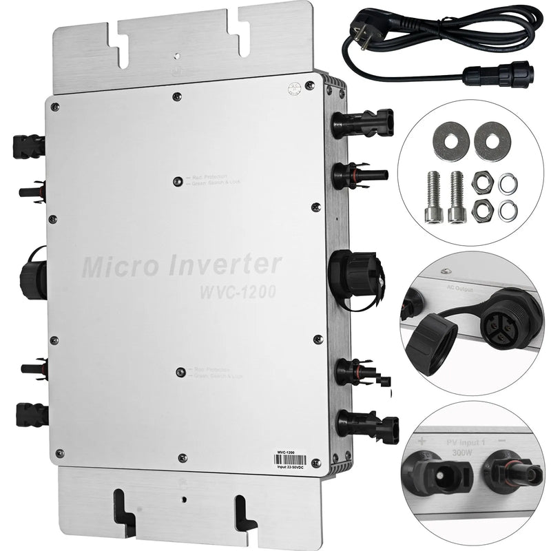 VEVOR 1200 W jaudas invertors ar MPPT, ūdensizturīgs saules tīkla (grid-tie) invertors DC uz AC 220 V, mikroinvertors (1200 W / 220 V)