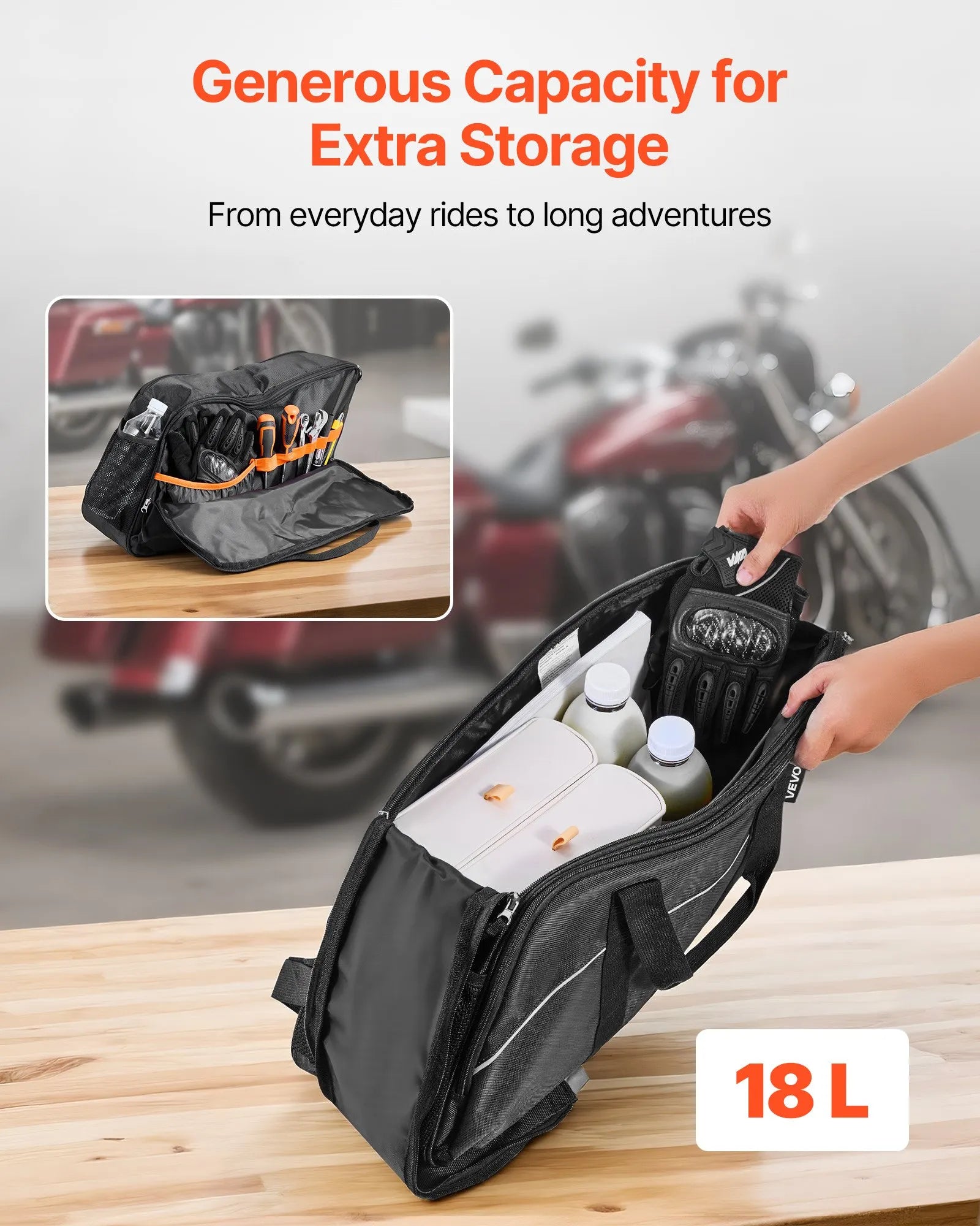 VEVOR motocikla sānu somas ieliktnis, 18 l ceļojumu bagāžas organizatora soma, saderīga ar Harley Davidson Touring 1993–2022 Road Glide, Street Glide, Electra Glide un Road King sānu somām, melna