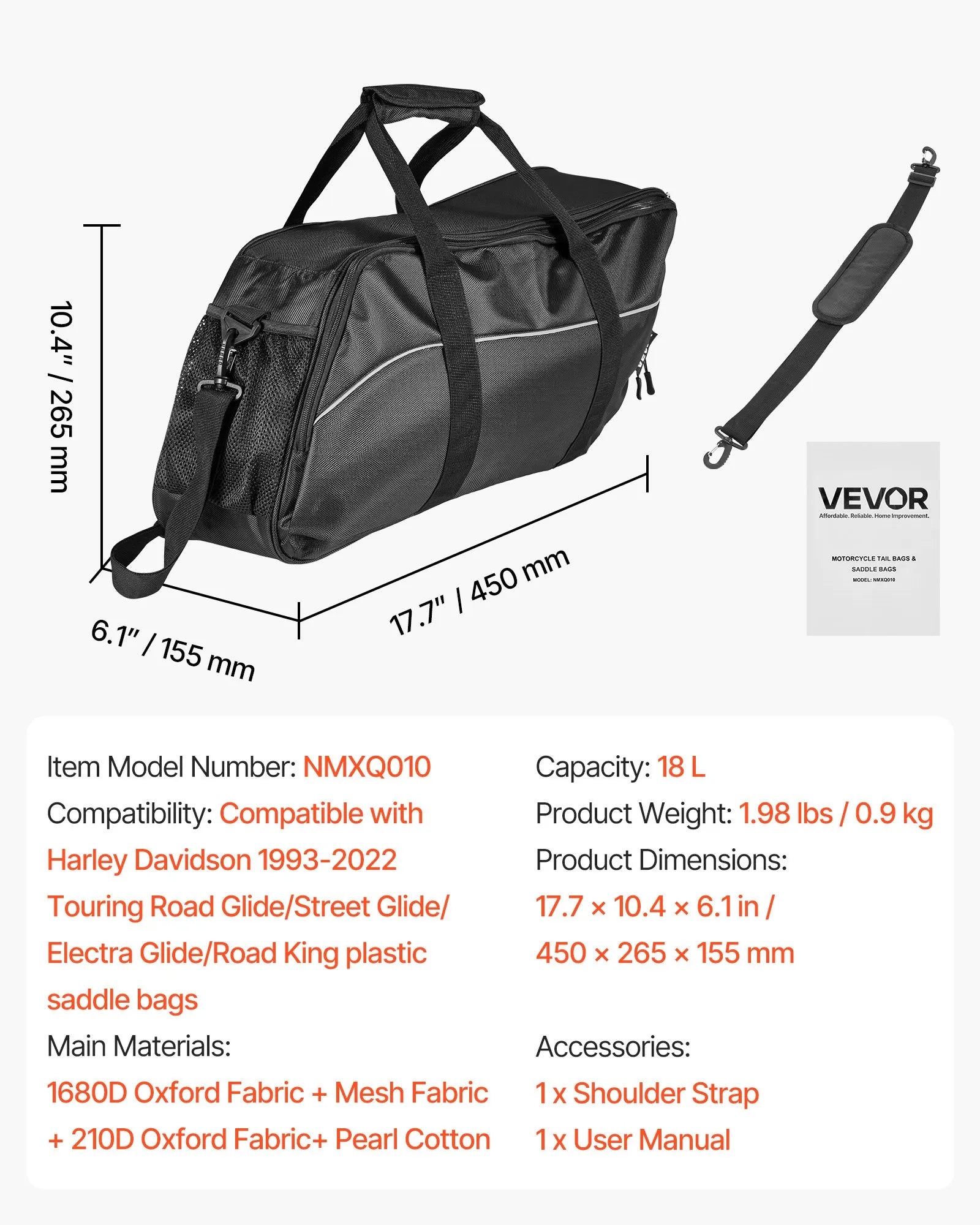 VEVOR motocikla sānu somas ieliktnis, 18 l ceļojumu bagāžas organizatora soma, saderīga ar Harley Davidson Touring 1993–2022 Road Glide, Street Glide, Electra Glide un Road King sānu somām, melna