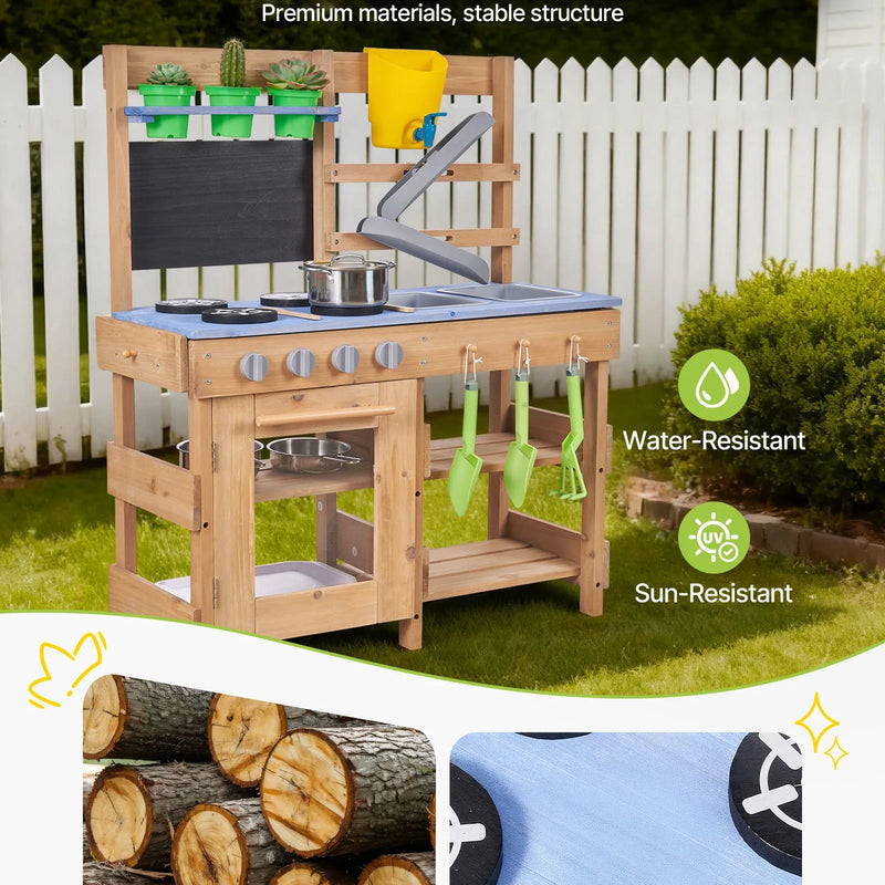 VEVOR āra virtuve bērniem, koka rotaļu virtuve āra lietošanai ar plītīm, āķiem, izlietnēm, stādīšanas lāpstiņām, lāpstiņām, rokturi, katliem un piederumiem, rotaļām ar ūdeni un smiltīm