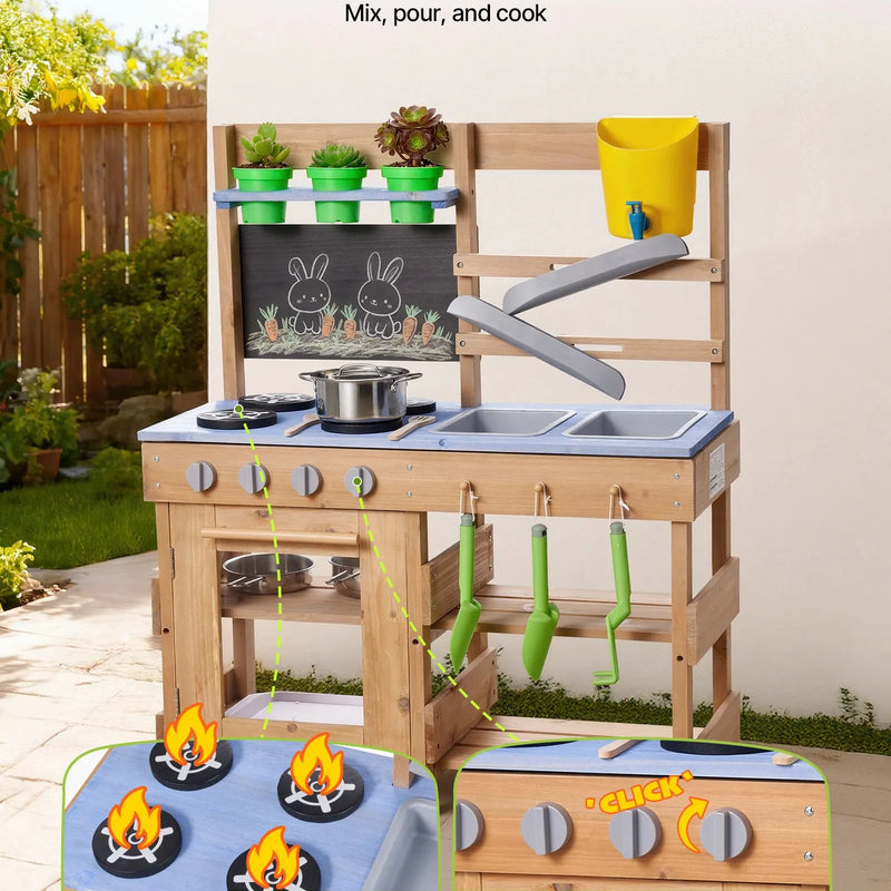 VEVOR āra virtuve bērniem, koka rotaļu virtuve āra lietošanai ar plītīm, āķiem, izlietnēm, stādīšanas lāpstiņām, lāpstiņām, rokturi, katliem un piederumiem, rotaļām ar ūdeni un smiltīm