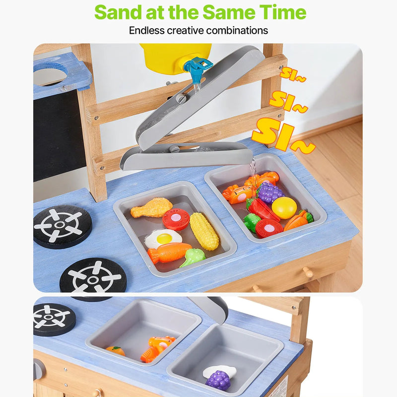 VEVOR āra virtuve bērniem, koka rotaļu virtuve āra lietošanai ar plītīm, āķiem, izlietnēm, stādīšanas lāpstiņām, lāpstiņām, rokturi, katliem un piederumiem, rotaļām ar ūdeni un smiltīm