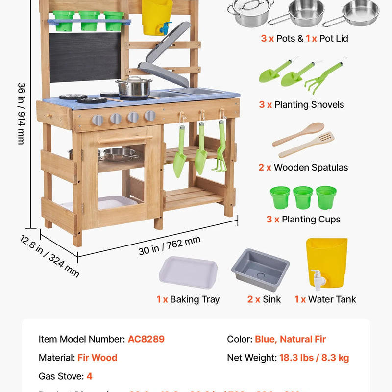 VEVOR āra virtuve bērniem, koka rotaļu virtuve āra lietošanai ar plītīm, āķiem, izlietnēm, stādīšanas lāpstiņām, lāpstiņām, rokturi, katliem un piederumiem, rotaļām ar ūdeni un smiltīm