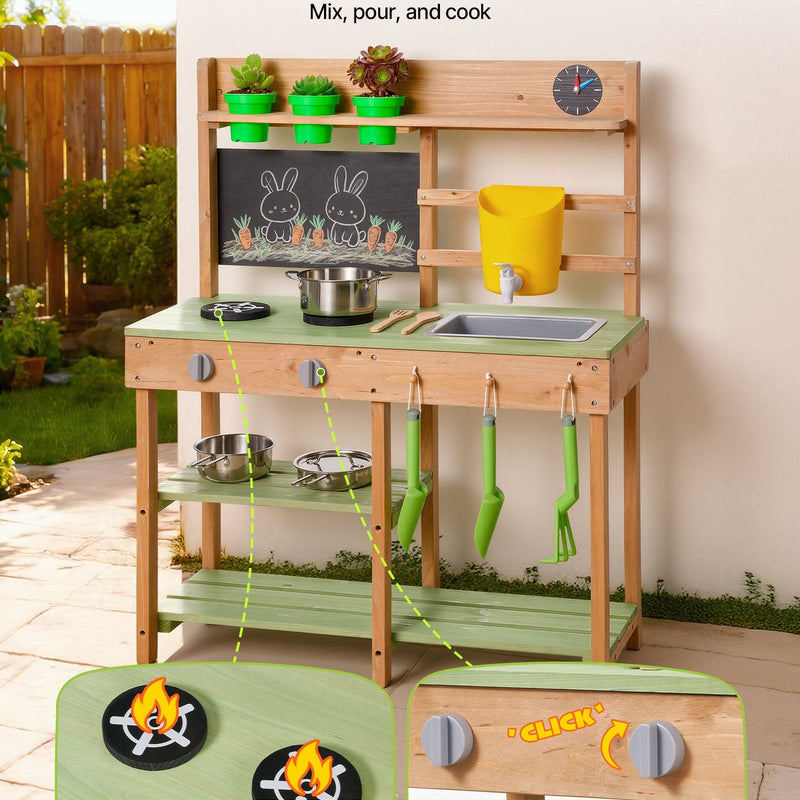 VEVOR koka āra virtuve bērniem ar plītīm, tvertni, izlietni, stādīšanas lāpstiņām, lāpstiņām, kasti, katliem un piederumiem rotaļām mājās, pagalmā vai uz zāliena
