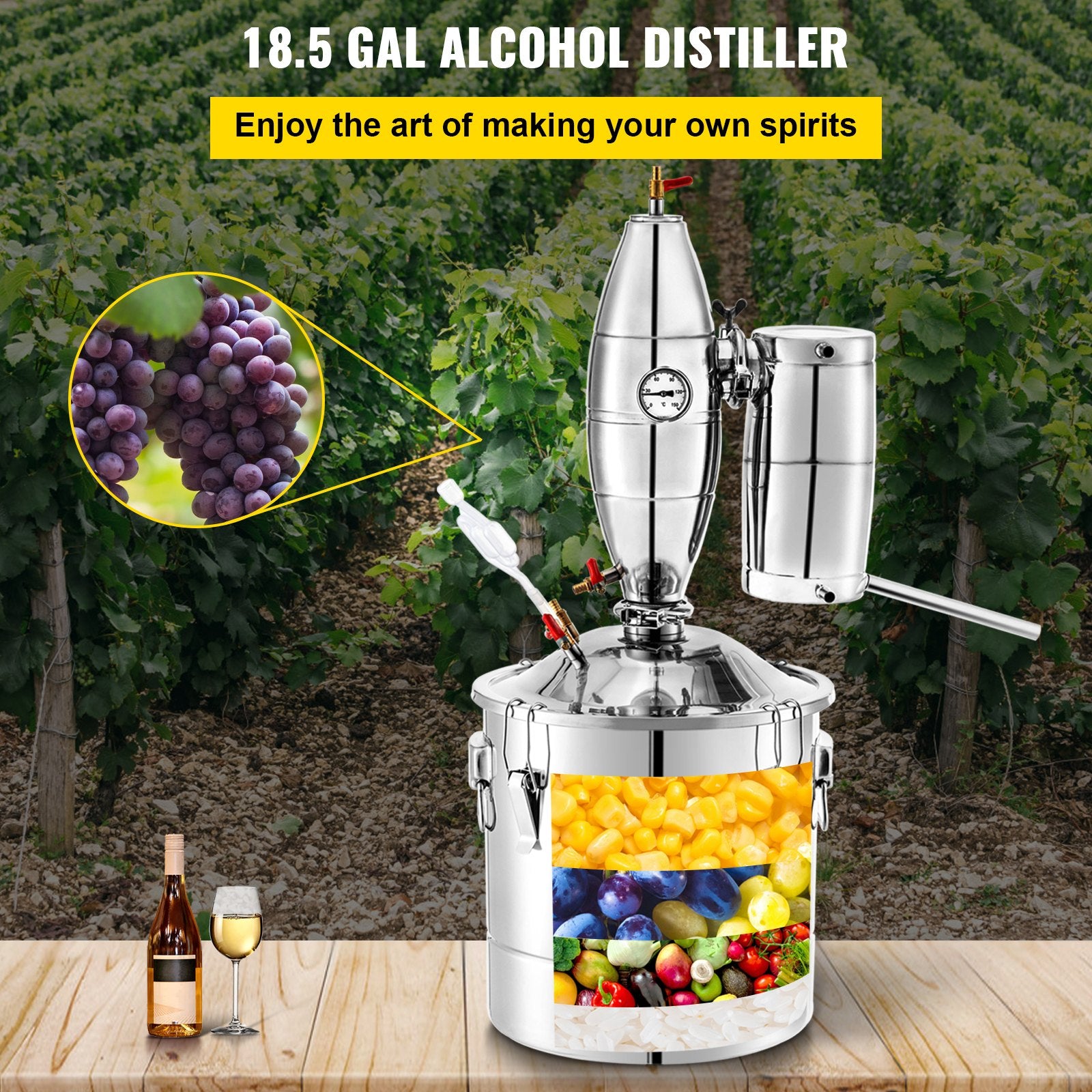 70L stainless steel still with thermometer and fermentation tank, compatible with various stoves including gas, coal, wood, suitable for the fermentation of liqueurs, beer, brandy, whisky, wine and spices, soy sauce and vinegar.