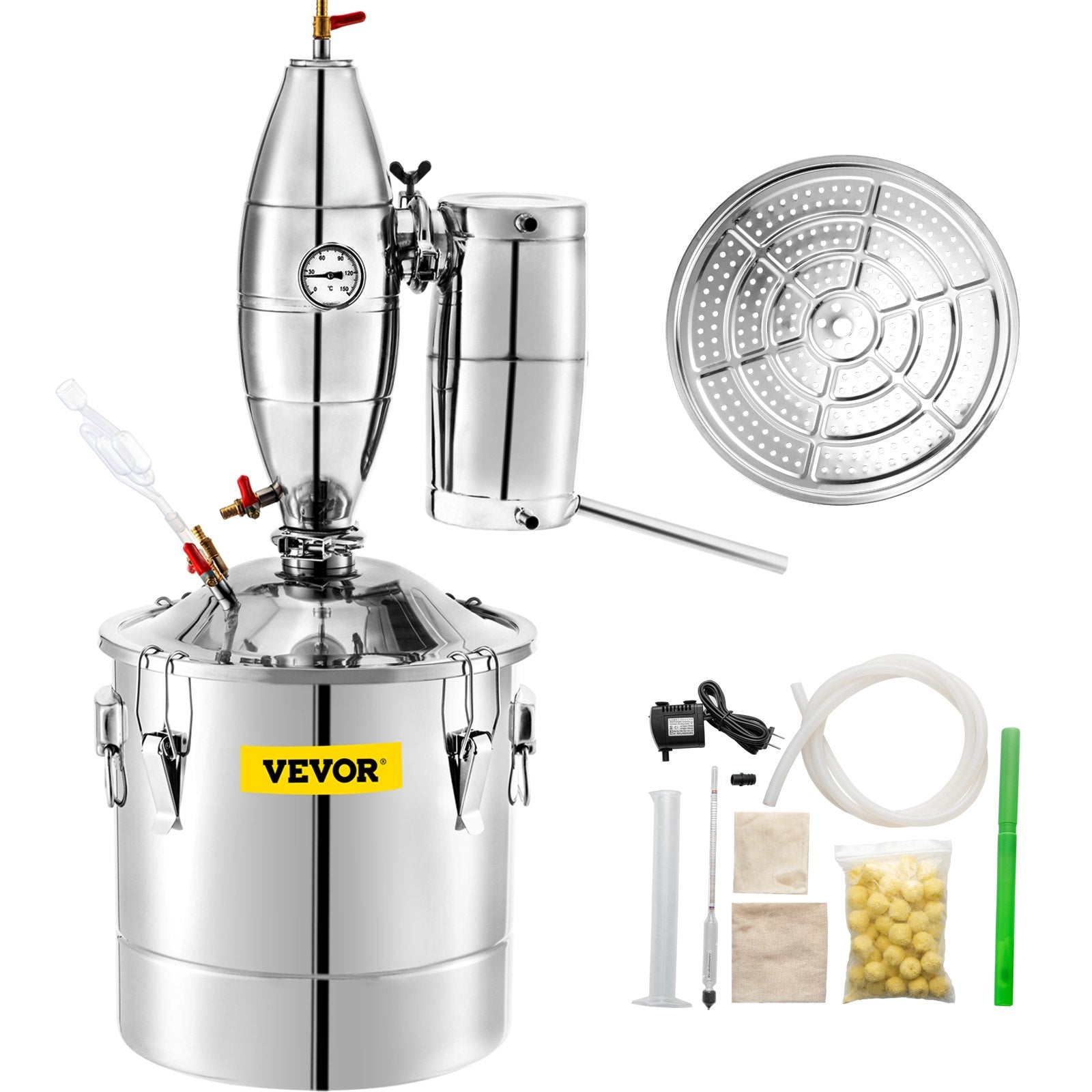 30L distillation apparatus with built-in thermometer, suitable for the production of alcohol, essential oils, distilled water and other liquids. A distillation kit suitable for home use, offering high efficiency and ease of use.