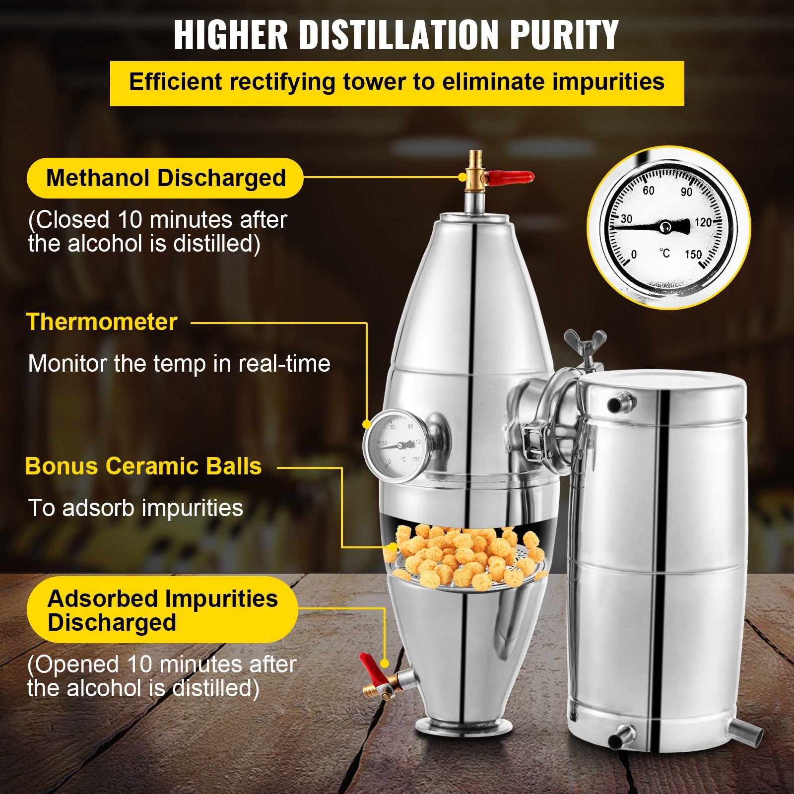 30L distillation apparatus with built-in thermometer, suitable for the production of alcohol, essential oils, distilled water and other liquids. A distillation kit suitable for home use, offering high efficiency and ease of use.