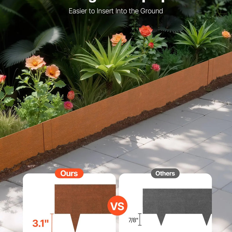 VEVOR tērauda dārza apmale, 6 gab., 1016 × 203 mm laikapstākļu izturīga iepriekš oksidēta metāla ainavas apmale, lokāma zāliena apmale, puķu dobju, pagalma un celiņu norobežošanai