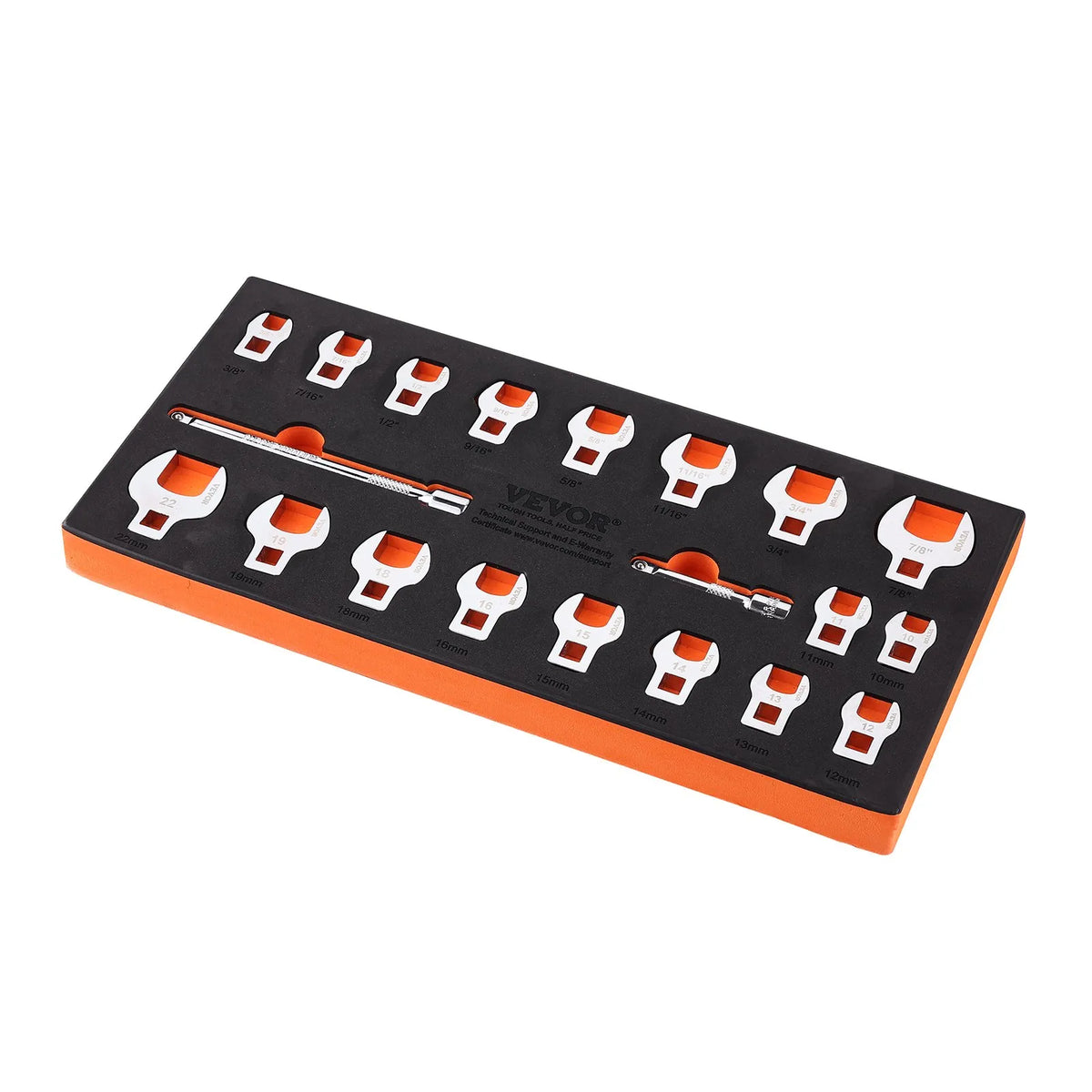 VEVOR atvērtā tipa uzgaļu atslēgu komplekts, kvadrāts 9,5 mm, 20 gabali, ar 2 pagarinātājiem un EVA rīku organizētāju, izmēri 10–22 mm, izgatavots no 40Cr tērauda ar spīdīgu hroma pārklājumu