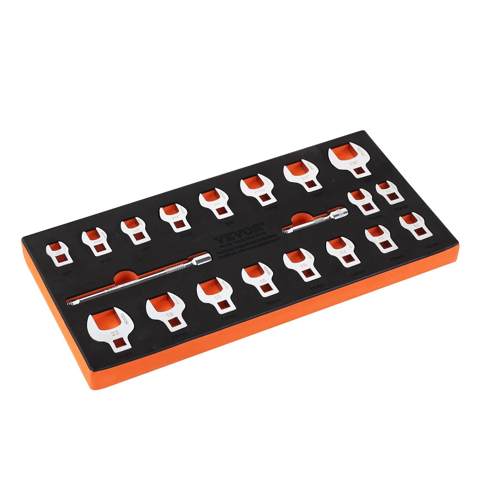VEVOR atvērtā tipa uzgaļu atslēgu komplekts, kvadrāts 9,5 mm, 20 gabali, ar 2 pagarinātājiem un EVA rīku organizētāju, izmēri 10–22 mm, izgatavots no 40Cr tērauda ar spīdīgu hroma pārklājumu