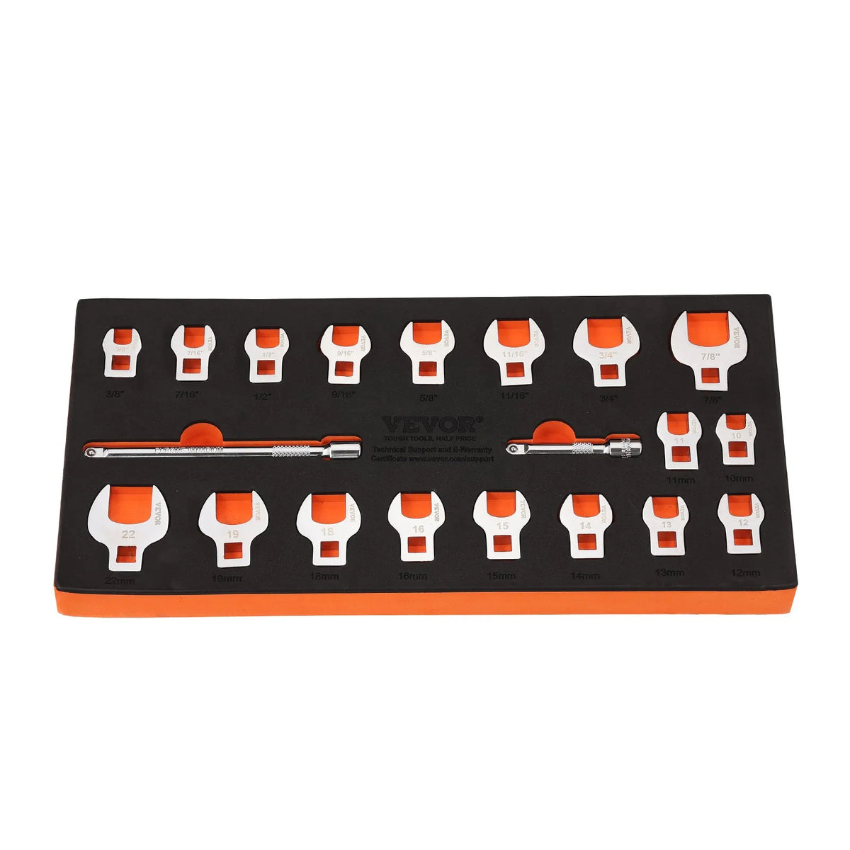 VEVOR atvērtā tipa uzgaļu atslēgu komplekts, kvadrāts 9,5 mm, 20 gabali, ar 2 pagarinātājiem un EVA rīku organizētāju, izmēri 10–22 mm, izgatavots no 40Cr tērauda ar spīdīgu hroma pārklājumu