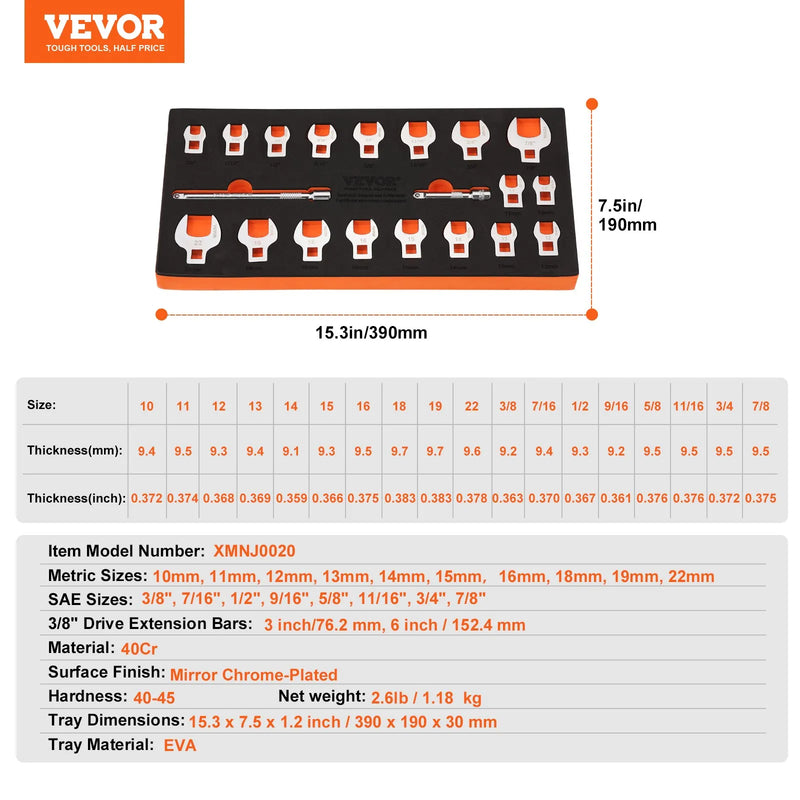 VEVOR atvērtā tipa uzgaļu atslēgu komplekts, kvadrāts 9,5 mm, 20 gabali, ar 2 pagarinātājiem un EVA rīku organizētāju, izmēri 10–22 mm, izgatavots no 40Cr tērauda ar spīdīgu hroma pārklājumu