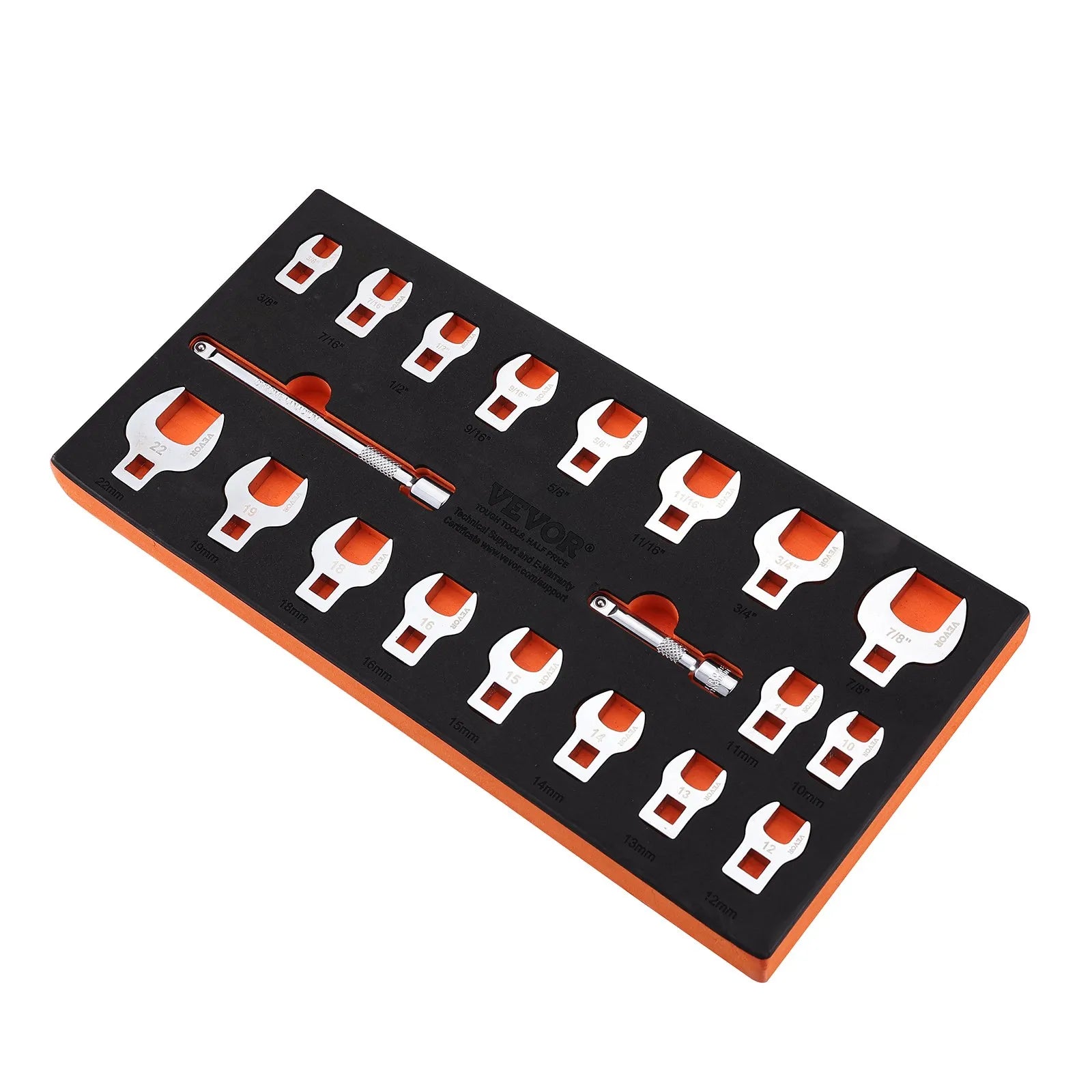 VEVOR atvērtā tipa uzgaļu atslēgu komplekts, kvadrāts 9,5 mm, 20 gabali, ar 2 pagarinātājiem un EVA rīku organizētāju, izmēri 10–22 mm, izgatavots no 40Cr tērauda ar spīdīgu hroma pārklājumu