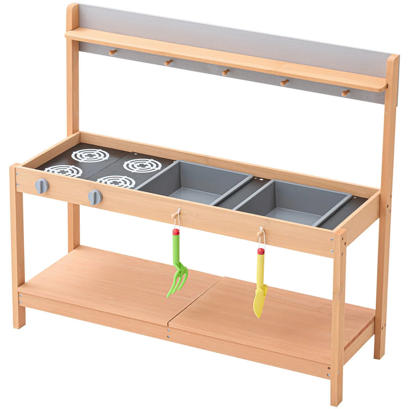 VEVOR koka virtuve bērniem ar piederumiem, āra rotaļu virtuve–veikaliņš lomu spēlēm ar plīti un izlietni zēniem un meitenēm