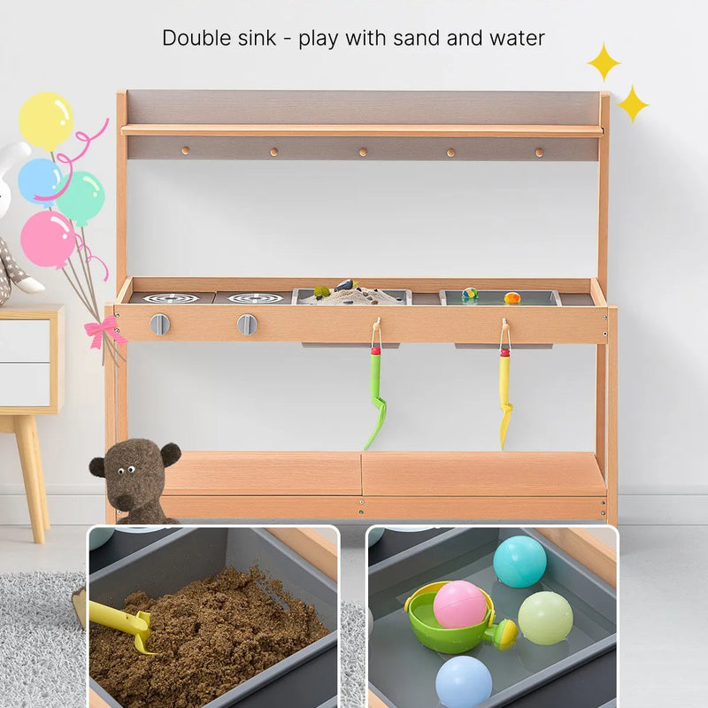 VEVOR koka virtuve bērniem ar piederumiem, āra rotaļu virtuve–veikaliņš lomu spēlēm ar plīti un izlietni zēniem un meitenēm