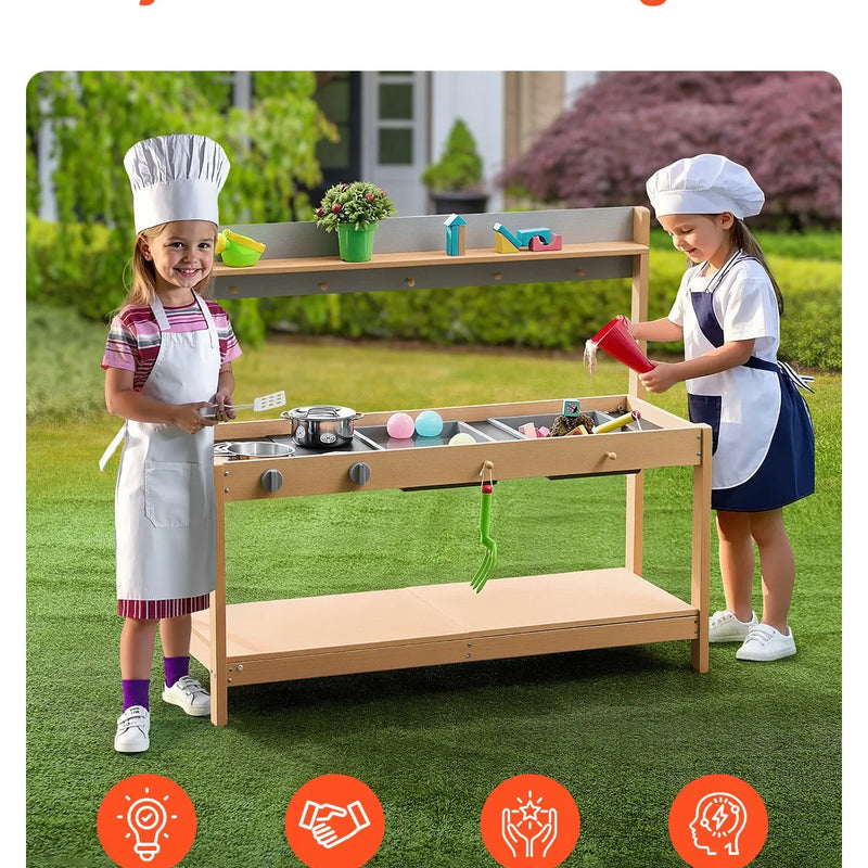 VEVOR koka virtuve bērniem ar piederumiem, āra rotaļu virtuve–veikaliņš lomu spēlēm ar plīti un izlietni zēniem un meitenēm
