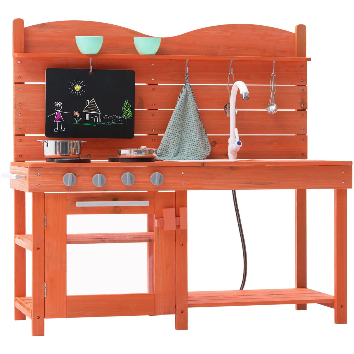 VEVOR āra virtuve bērniem, koka rotaļu virtuves komplekts, āra rotaļu virtuve–veikals zēniem un meitenēm, lomu spēļu virtuve ar plītīm, izlietni, krānu, tāfeli, katliem un piederumiem