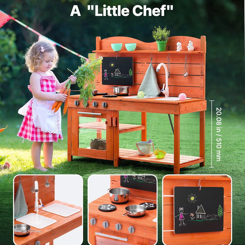 VEVOR āra virtuve bērniem, koka rotaļu virtuves komplekts, āra rotaļu virtuve–veikals zēniem un meitenēm, lomu spēļu virtuve ar plītīm, izlietni, krānu, tāfeli, katliem un piederumiem