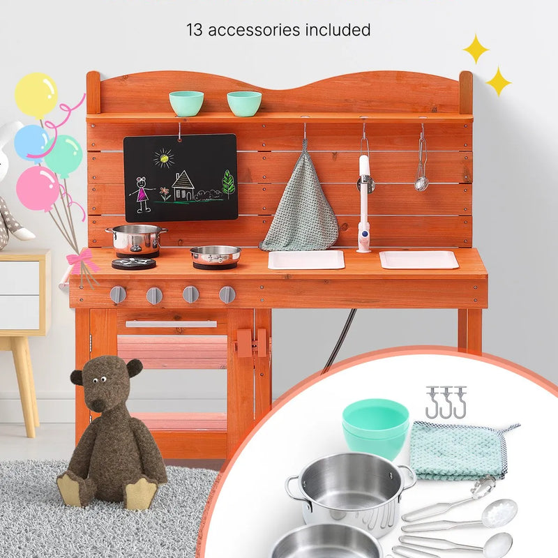 VEVOR āra virtuve bērniem, koka rotaļu virtuves komplekts, āra rotaļu virtuve–veikals zēniem un meitenēm, lomu spēļu virtuve ar plītīm, izlietni, krānu, tāfeli, katliem un piederumiem
