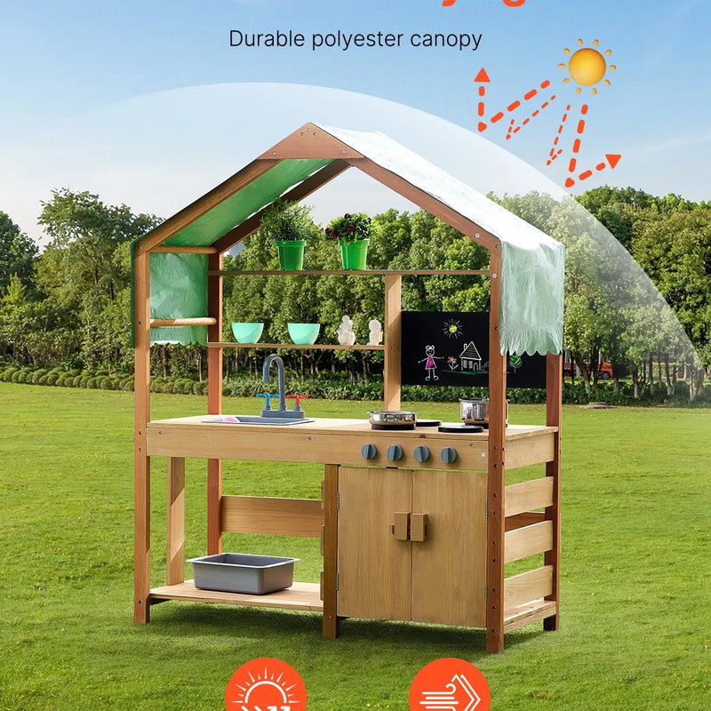 VEVOR virtuve bērniem, koka rotaļu virtuves komplekts ar piederumiem, āra rotaļu veikala komplekts maziem bērniem, lomu spēļu virtuve ar plītīm, stādīšanas kastēm, izlietni, krānu, tāfeli un katlu