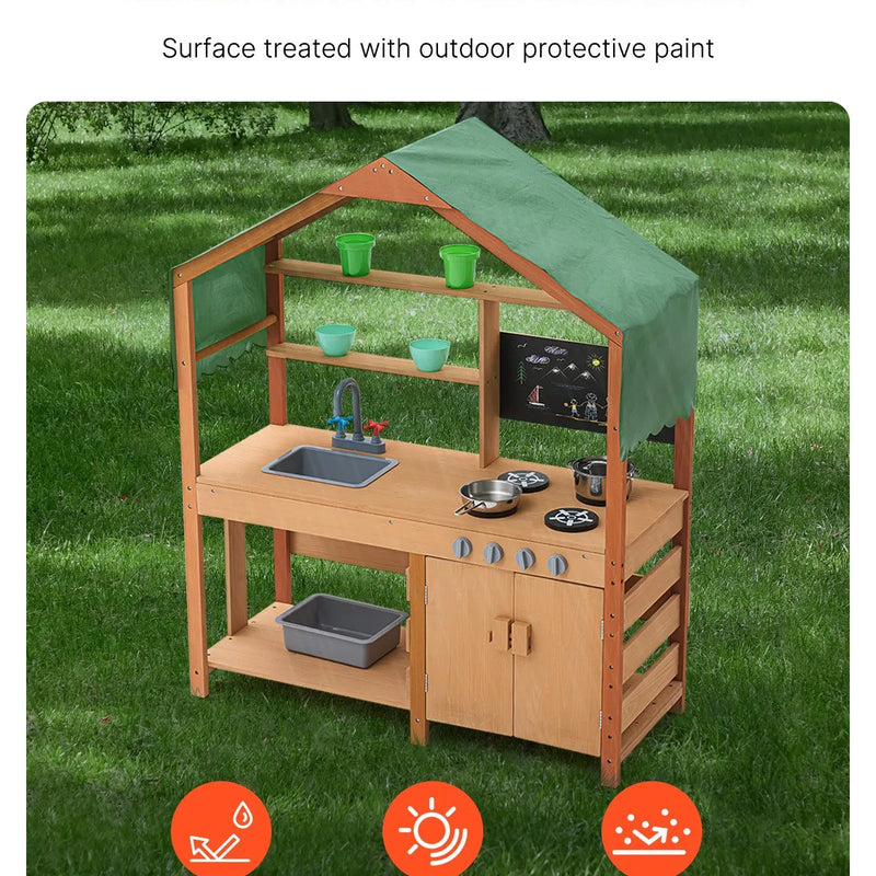 VEVOR virtuve bērniem, koka rotaļu virtuves komplekts ar piederumiem, āra rotaļu veikala komplekts maziem bērniem, lomu spēļu virtuve ar plītīm, stādīšanas kastēm, izlietni, krānu, tāfeli un katlu