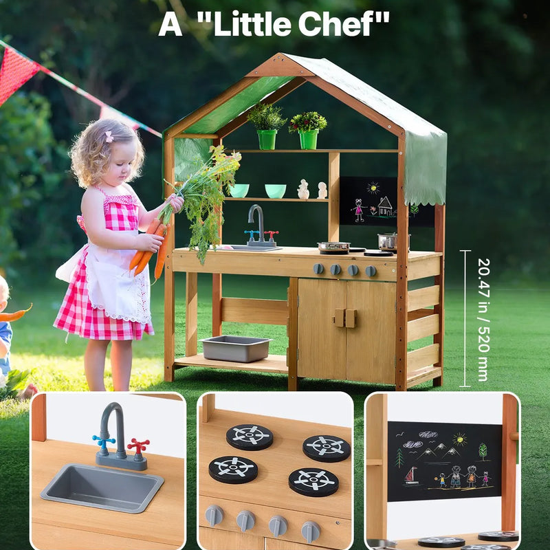VEVOR virtuve bērniem, koka rotaļu virtuves komplekts ar piederumiem, āra rotaļu veikala komplekts maziem bērniem, lomu spēļu virtuve ar plītīm, stādīšanas kastēm, izlietni, krānu, tāfeli un katlu