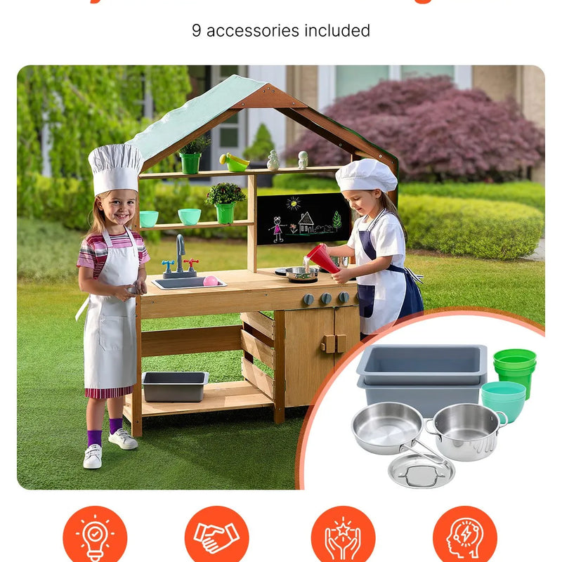 VEVOR virtuve bērniem, koka rotaļu virtuves komplekts ar piederumiem, āra rotaļu veikala komplekts maziem bērniem, lomu spēļu virtuve ar plītīm, stādīšanas kastēm, izlietni, krānu, tāfeli un katlu